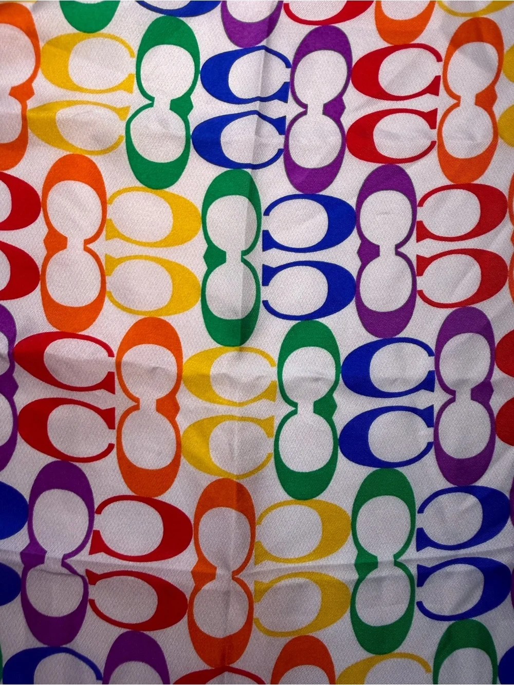 Coach Multicolor Square 100% Silk Logo Scarf in Rainbow Hues 23” x 23”
